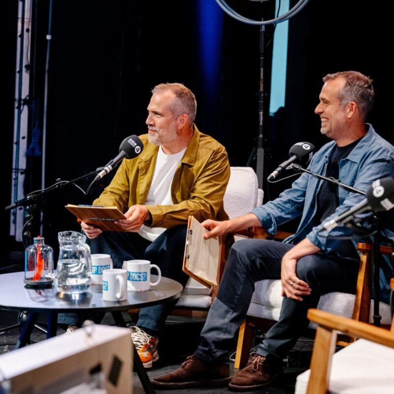 Drs Chris and Xand van Tulleken recording the Loftus Media / BBC Radio 4 podcast What's Up Docs? live at Crossed Wires Festival 2026 Photo by photographer Lindsay Melbourne