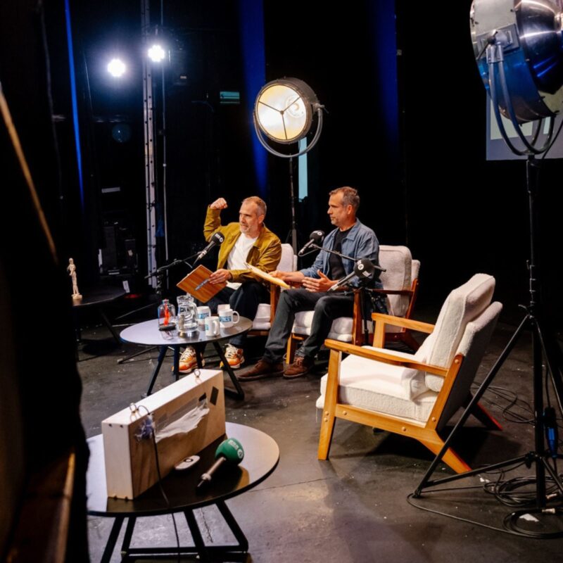 Drs Chris and Xand van Tulleken recording the Loftus Media / BBC Radio 4 podcast What's Up Docs? live at Crossed Wires Festival 2026 Photo by photographer Lindsay Melbourne